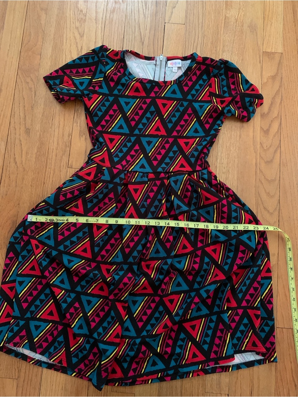 LuLaRoe Multicolor Geometric Fit & Flare Dress - Teal, Red, Black Print XS - Picture 9 of 12